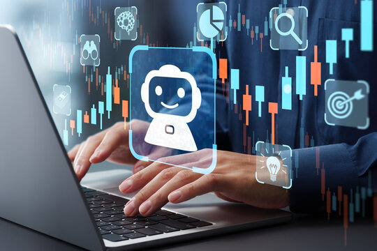 AI robo advisor providing advice on financial asset management. Automating asset management with artificial intelligence agent. Investor using laptop computer to give instructions to AI at desk.