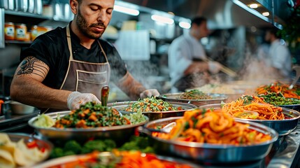Obraz premium Chef Preparing Delicious and Steaming Hot Food in a Busy Restaurant Kitchen