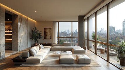a contemporary living room showcasing a sophisticated blend of sleek furniture and luxurious textures in a high-rise urban apartment abundant natural light filters through floor-to-ceiling windows