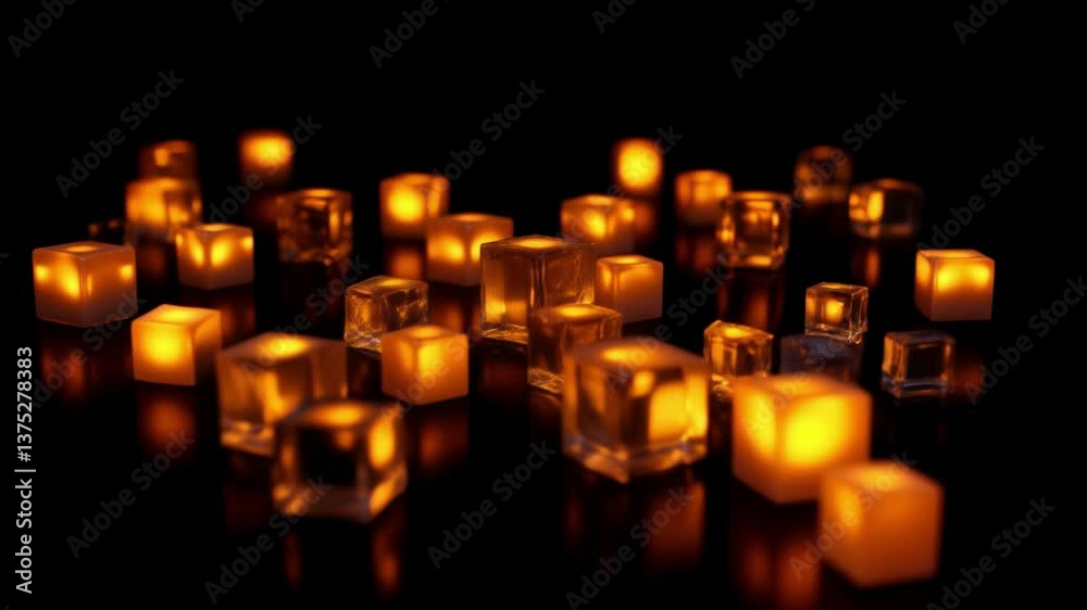 Poster Glowing Transparent Cubes Reflecting Warm Light in a Dark Setting, Creating an Intriguing Abstract Visual Composition