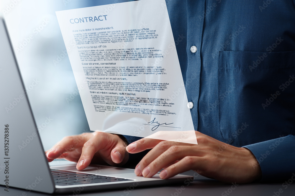 Leinwandbilder Signing electronic contract agreement with digital signature. Technologies of authentication and certification system. Businessman using laptop computer at desk in office.