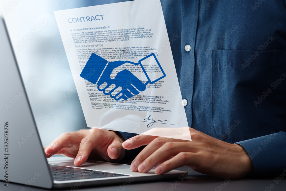 Poster Signing electronic contract agreement with digital signature. Handshake icon. Technologies of contract authentication and certification system. Businessman using laptop computer at desk in office.