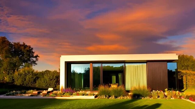 Modern luxury real estate exterior with sleek design, glass walls, and a beautifully landscaped yard, featuring vibrant sunset lighting and a contemporary urban skyline in the background