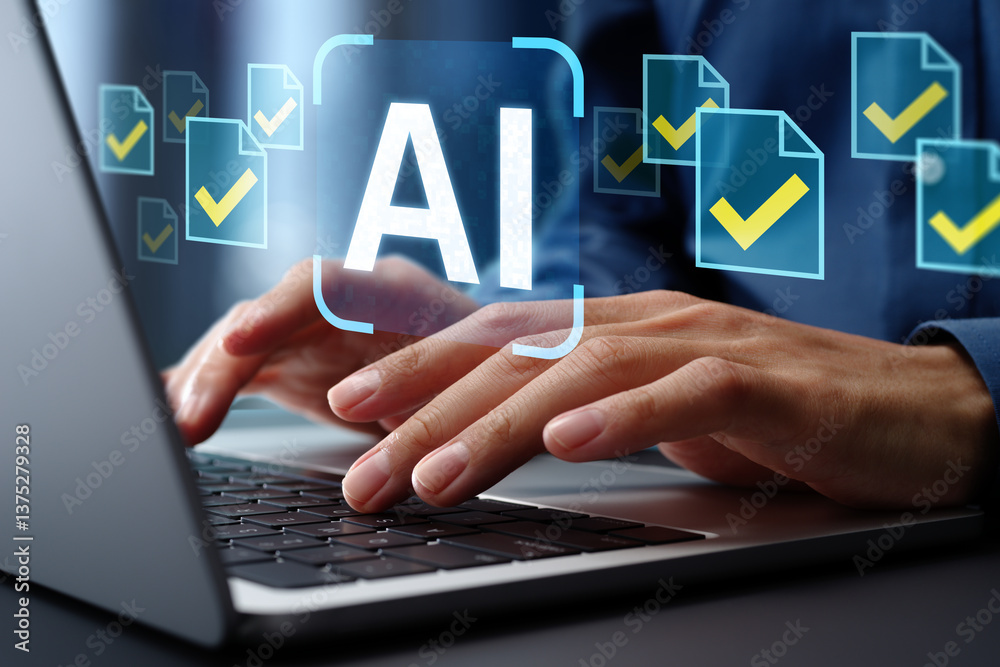 Poster Generative AI artificial intelligence generate document and business files. Intelligent automation IA system and technology. Businessman typing on laptop computer keyboard. Check mark and file icons.