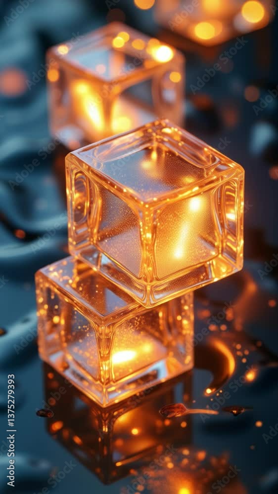 Poster Glowing Transparent Cubes Reflecting Warm Light in a Dark Setting, Creating an Intriguing Abstract Visual Composition