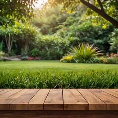 Peaceful Garden Scene with Wooden Deck, A lush, green garden with a wooden foreground.