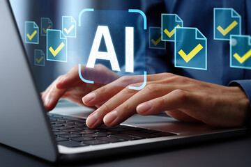 Generative AI artificial intelligence generate document and business files. Intelligent automation IA system and technology. Businessman typing on laptop computer keyboard. Check mark and file icons.