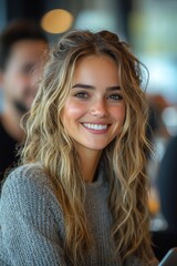 Fototapeta premium Smiling Woman with Wavy Hair Sitting in a Cafe Setting