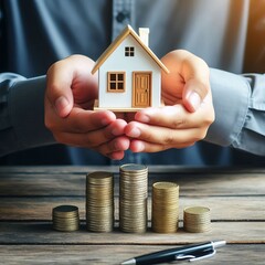 Hands holding a small house model and stacked coins, symbolizing real estate investment and financial security.
