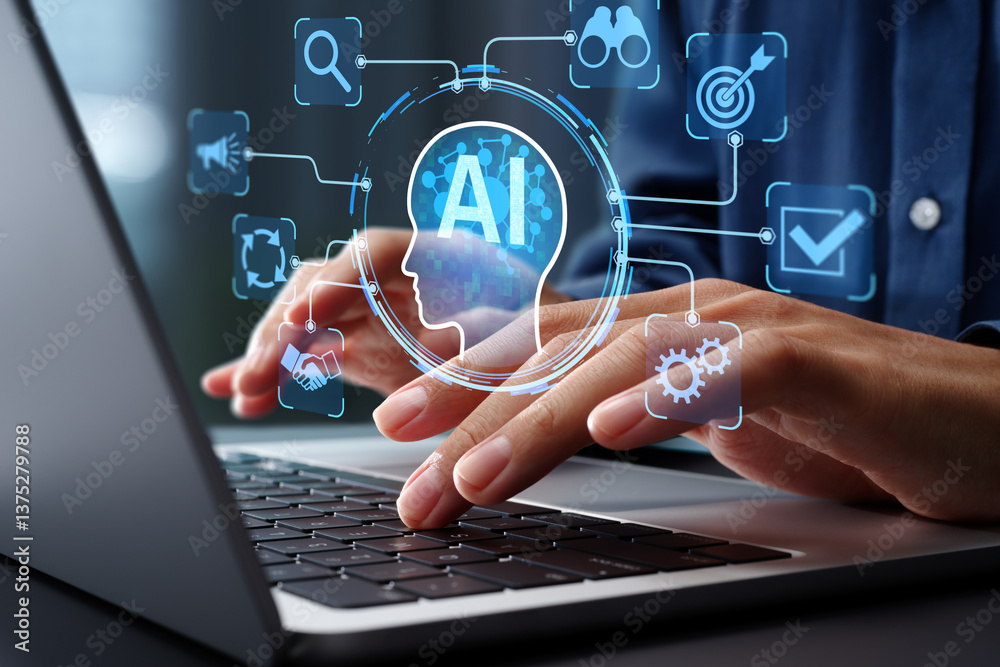 Poster AI agent supporting business processes with automation technology. Generative artificial intelligence analyzing data and predicting future. Businessman using laptop computer.