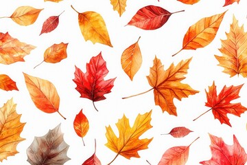Fototapeta premium Seamless watercolor pattern of bright autumn leaves on white background
