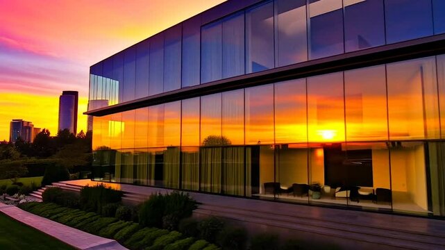 Modern luxury real estate exterior with sleek design, glass walls, and a beautifully landscaped yard, featuring vibrant sunset lighting and a contemporary urban skyline in the background