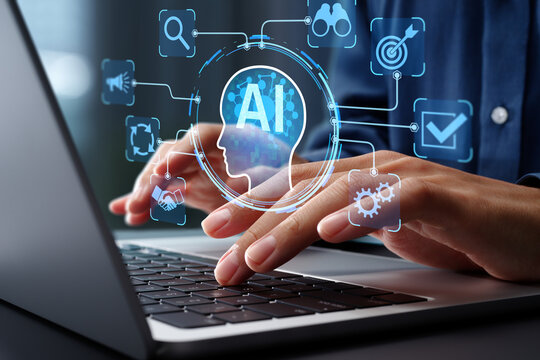 AI agent supporting business processes with automation technology. Generative artificial intelligence analyzing data and predicting future. Businessman using laptop computer.