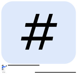 Obraz premium metadata tag symbol centered on soft blue background alongside minimal figure interacting with descending black lines. Ideal for social media, digital marketing, online trends, connectivity