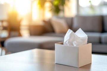 Detailed Close Up Photograph of a Tissue Box on a Modern Table in a Bright Living Room Setting