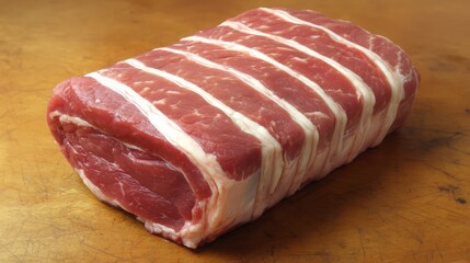Fototapeta premium A fresh pork shoulder roast placed on a wooden surface with ample room for promotional copy.