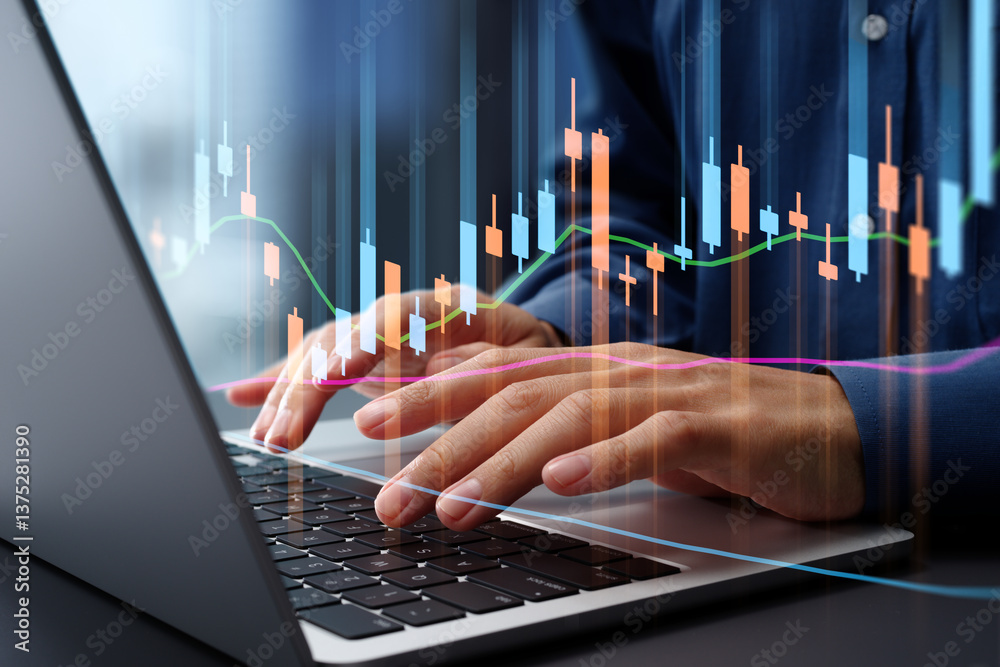 Aufkleber Stock market price charts and graphs. Successful trading strategy and growth analysis. Trader using a laptop computer to invest in stocks.