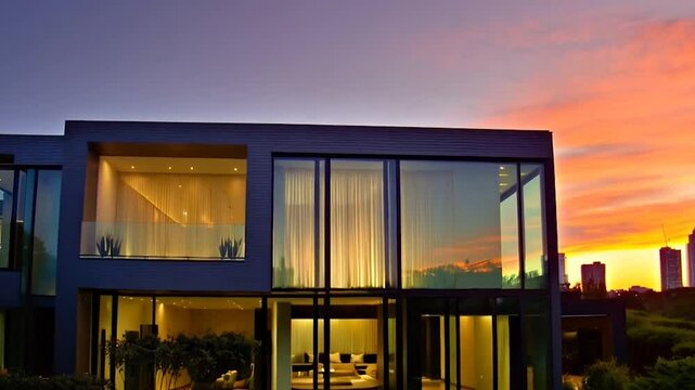 Modern luxury real estate exterior with sleek design, glass walls, and a beautifully landscaped yard, featuring vibrant sunset lighting and a contemporary urban skyline in the background