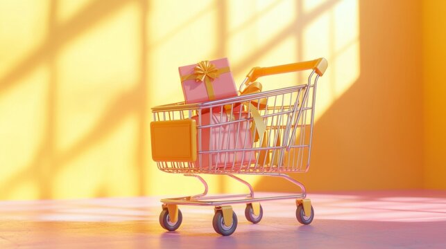 A shopping cart with a pink box on top of it