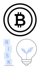 Bitcoin currency icon in bold circle, stacked risk blocks, lightbulb with eco-leaf design. Ideal for blockchain, finance strategies, innovation, eco-sustainability, risk management, future