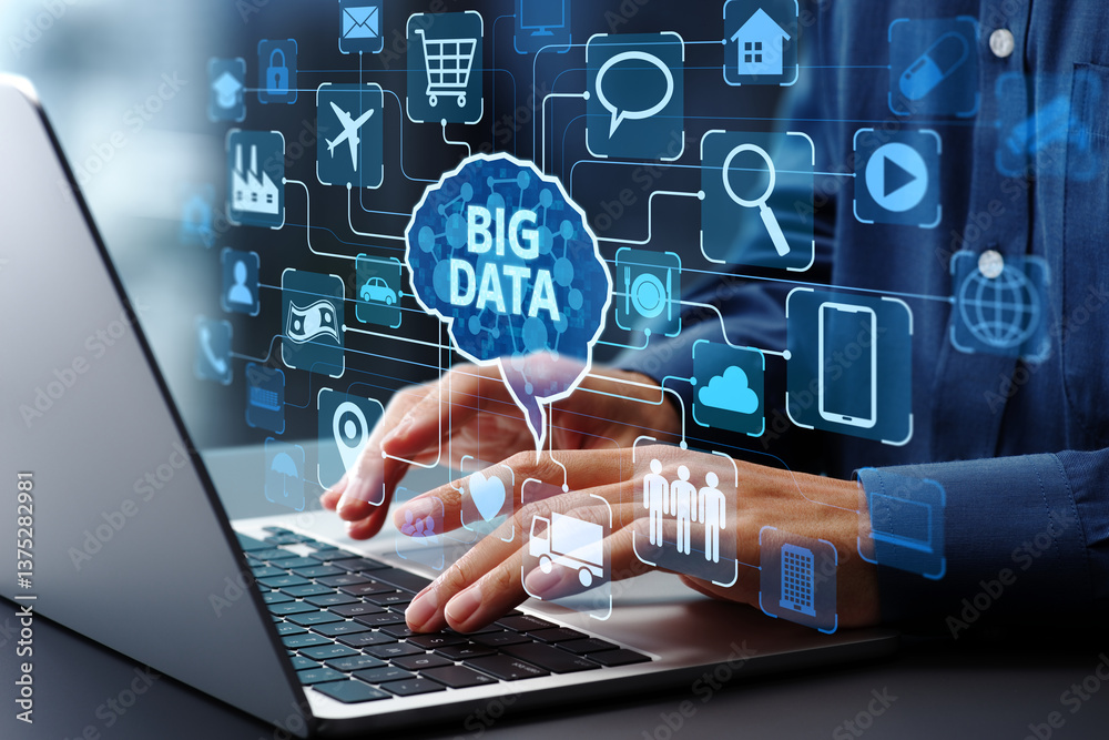 Aufkleber AI big data analysis and deep learning. Predictive analytics with artificial intelligence agent forecasting market trends. Data scientist using laptop computer to give instructions to AI.