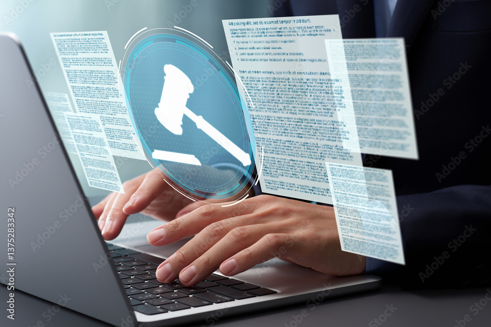 Aufkleber legal documents and gavel hammer icon. lawyer reviewing and preparing legal documents for court case