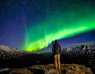 Obraz premium Lone anonymous traveler witnessing vibrant spring aurora over