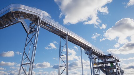 A side view of a packaging conveyor system with a clear, open sky above, ideal for logos or copy placement.