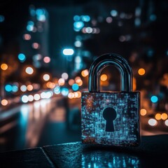 Cybersecurity: Digital Lock in a City Nightscape