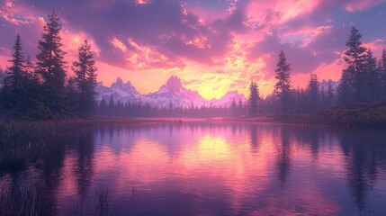 Fototapeta premium Majestic Sunset over Serene Mountain Lake