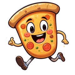 Fun vector cartoon pizza slice with a big smile, isolated on transparent PNG.