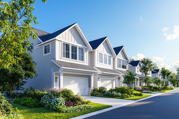 A picturesque row of charming, light gray townhouses basks in the warm, sunny glow of a perfect day, creating a feeling of tranquil suburban living.