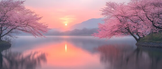 Obraz premium Sunrise Cherry Blossoms Misty Lake