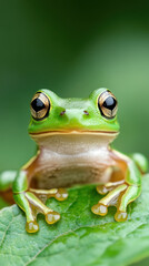 tiny frog with bright eyes sits on green leaf, looking curious