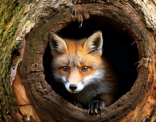 Fototapeta premium Red fox (Vulpes vulpes) in a hollow tree trunk