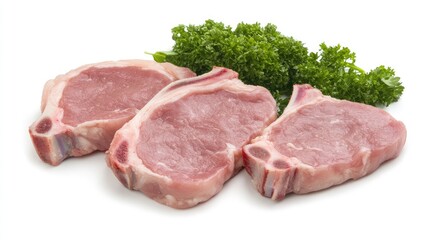 A top-down view of raw veal chops and steaks with space above for text or branding.