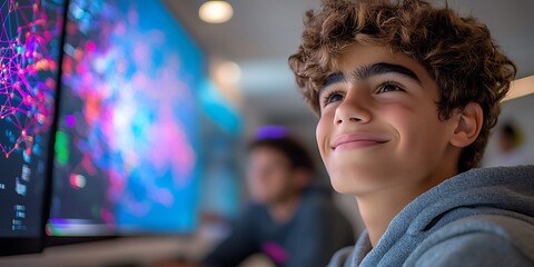 Teenager Looks Up at Data Screens