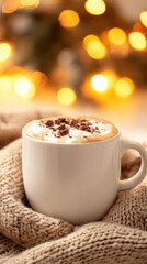 cozy winter scene with hot chocolate and blankets
