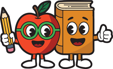Cute Cartoon Apple and book Holding Each other and Pencil, Giving Thumbs Up pose. Fun and Friendly Fruit Character vector art mascots. Vector Illustration for kids isolated on white background. 