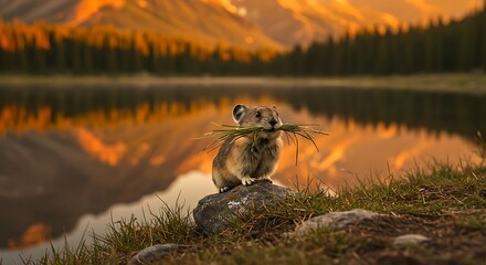 Pika Holding Grass in Mouth Overlooking Calm Mountain Lake
