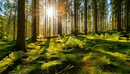 Obraz premium Sun shines through light spruce forest, soil overgrown with moss and