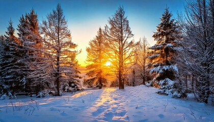 Naklejka premium Sunset in a winter forest.