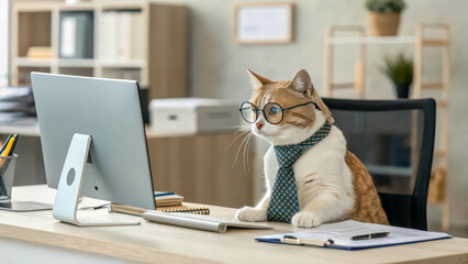 A cat in glasses and a tie is working intently at a computer in a modern office. In front of him are documents, a pen and a keyboard, creating an image of a serious professional.