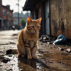 A Shaggy Stray Cat Wandering Through a Filthy Urban Jungle