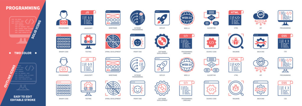 Programming icon set. Web, Algorithm, Binary Code, Spiral Development, Malware, Cloud Computing, Programmer, Javascript. Duotone color solid and editable outline icons