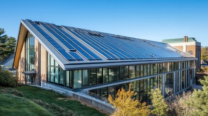 Obraz premium A wide-angle shot of a high-tech building with a unique, sustainable roof design, including solar panels, and plenty of space for text.