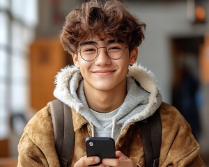 Teenager smiles with phone inside