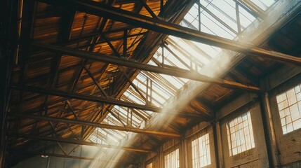 A wide-angle view of a loft-style roof, featuring steel beams and open rafters, with natural light flooding the space, and plenty of room for copy.