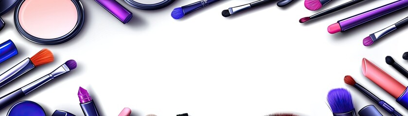 Makeup brushes & cosmetics border; white background; beauty blog