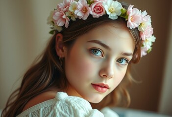 Photorealistic portrait of a young woman with a floral crown